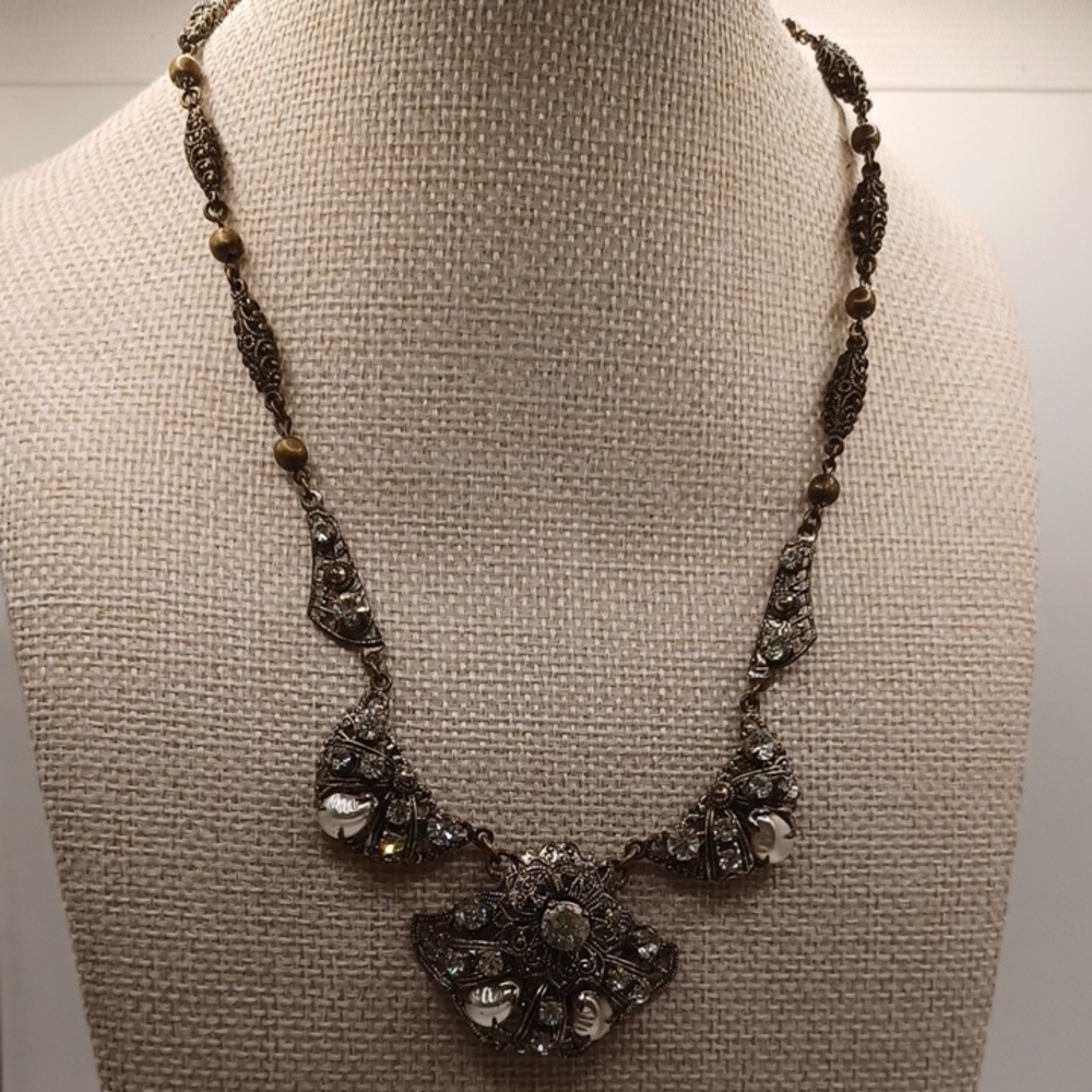 Western Germany Clear Rhinestone and Filigree Pearl Necklace - Picture 1 of 12